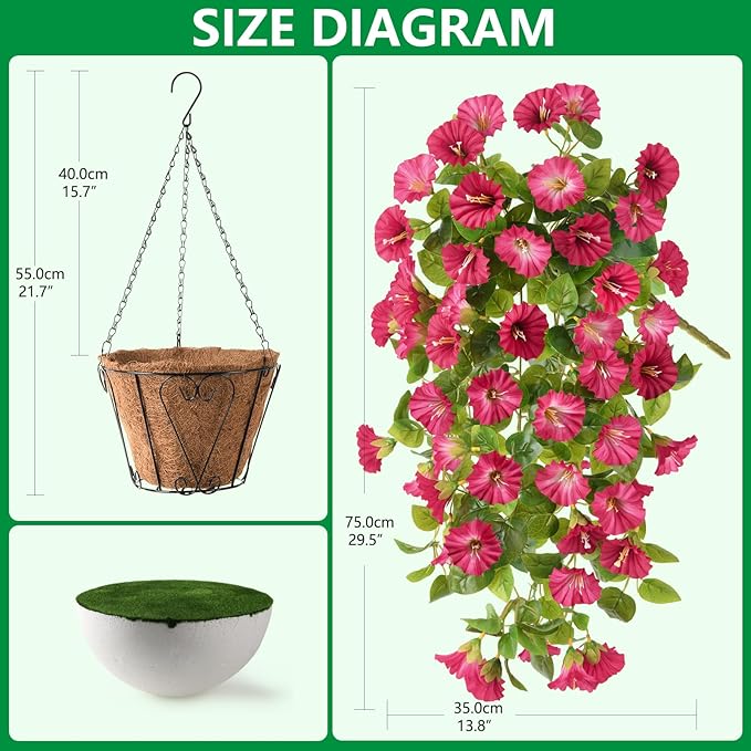 Homsunny Artificial Hanging Fake Flowers with Basket Plants for Outdoor Decoration, Faux Silk Flower UV Resistant Morning Glory for Home Porch Patio Garden Balcony Yard Look Real (Red)