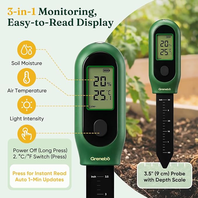 3-in-1 Soil Moisture Meter, Digital Plant Water Meter, Temperature & Sunlight Intensity Sensor, LCD Display Soil Tester for Gardening, Farming, Plant Care, Indoor & Outdoor Plants, 2 Pack