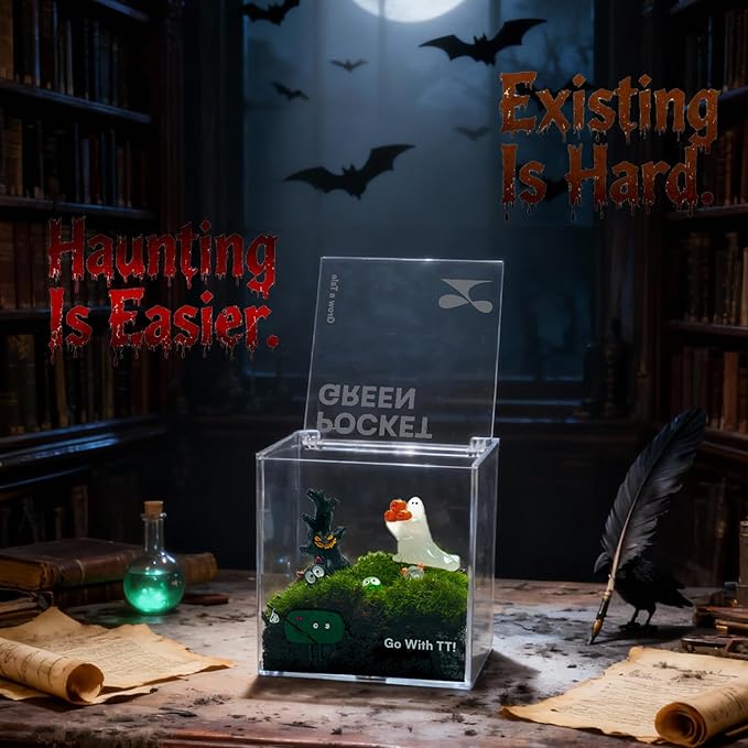 DIY Moss Terrarium Kit, 4 * 4 * 4 inch Acrylic Cube Mini Garden with Live Star Moss, Soil, Halloween Party-Craft Kit for Adults and Teens, Relaxing Desk Decor & Unique Gift for Home or Office