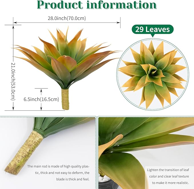 2 Pack Artificial Agave Plants 28 Inch Large Size Fake Succulent Stems Realistic UV Resistant Faux Plants for Outdoor Decorating Tropical Plant Greenery Front Porch Decor - 29 Leaves, Yellow
