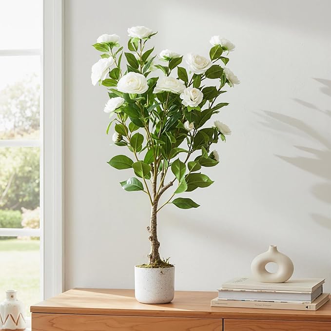 2.8FT Artificial Camellia Tree in White Planter, 2 Pack Faux Camellia Plant with 20 White Flowers, 34" Faux Flowers Potted Plant Trees for Home and Office Decor