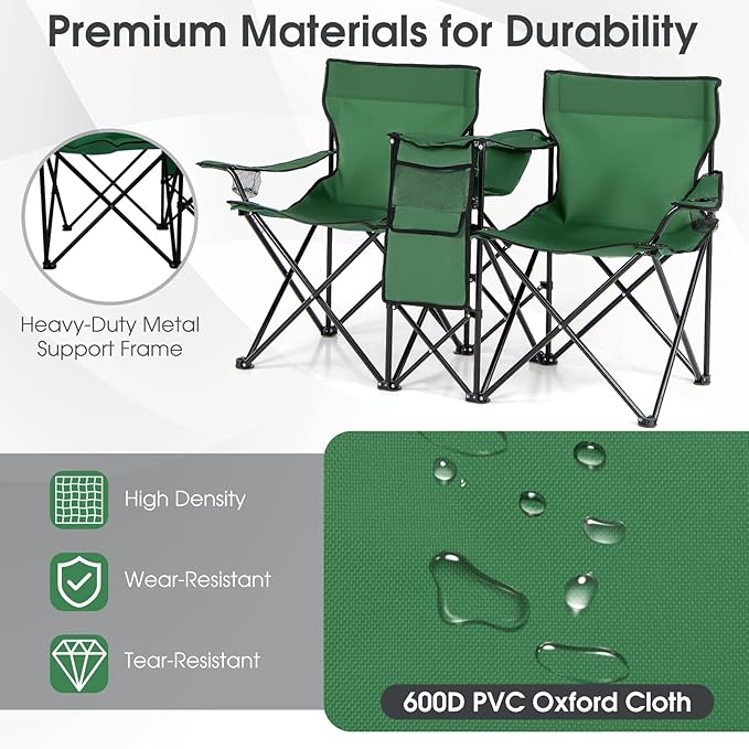Goplus Double Camping Chair with Umbrella, Folding Loveseat Chairs w/Canopy Shade, Carrying Bag, Table, Cup Holder, Portable Beach Chairs Outdoor Picnic Patio (Green)