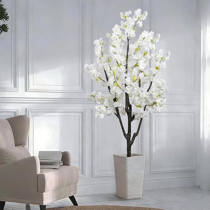 Faux White Cherry Blossom 6ft(72in) Artificial Floor Green Plant for Indoor Decor Natural Potted Tree with Texture Flowers Realistic Wood Trunk for Home Living Room,Office Perfect Housewarming Gift