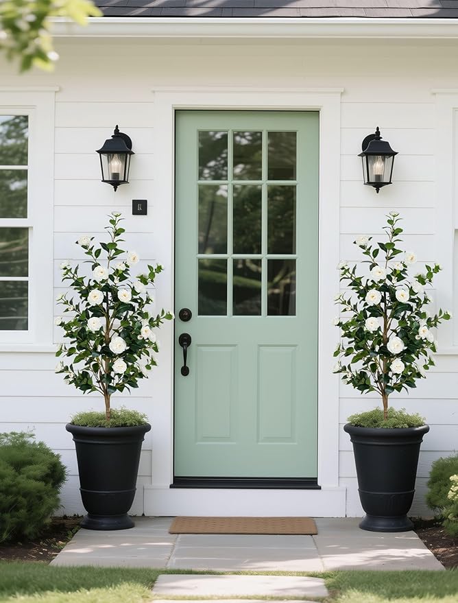BLOSMON Artificial Trees for Home Decor: Indoor 4.9ft Tall Fake Plants Outdoor Camellia Flowers Tree for Front Porch - Faux White Rose Plant with Pot for Living Room Door Patio Deck Yard