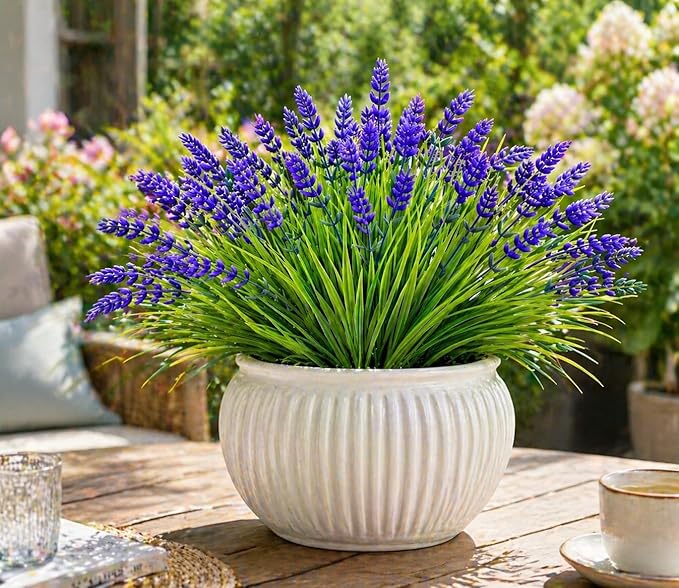 Artificial Flowers for Outdoors, 8 Bundles Faux Silk Spring Flowers for Outside for Planter Front Door Porch Yard Patio Window Box Home Decor (8pcs-Purple)