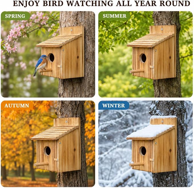 NATUREYLWL Wooden Bird House for Outside, Hanging Natural Wood Birdhouse with Perch, 1.57" Entrance & Side Clean-Out Door for Bluebirds, Wrens and Finches, Garden Decor