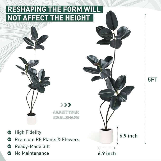 Yepdin Artificial Rubber Tree Plant -5FT Faux Plants Indoor with Planter,Tall Fake Trees Lifelike Branches & Foliage,Large Artificial Plants Indoor for Home Office Floor Patio