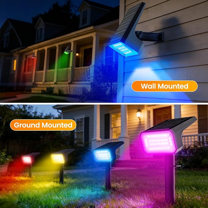 Fabrito Color Changing Solar Spot Lights Outdoor 8 Pack, [6+1 Lighting Modes] Auto On/Off RGB Spotlights, Waterproof Multicolor Landscape Lights for Garden, Tree, Halloween, Christmas