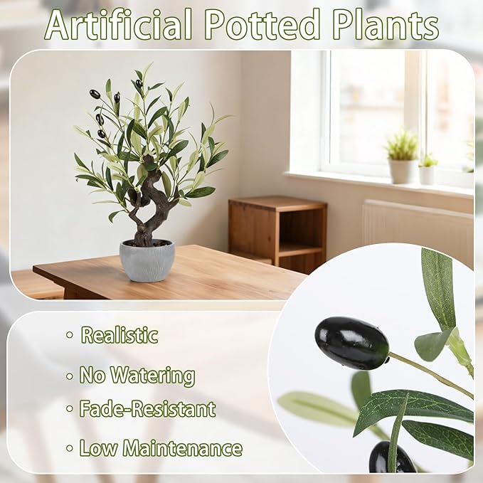 TOARTi Artificial Olive Tree Potted Plant with Stone Pot, 19" Tall Japanese Bonsai Tree Faux Plants Desk Plant, Realistic Greenery Decor for for Home Bedroom Bathroom Office Desk