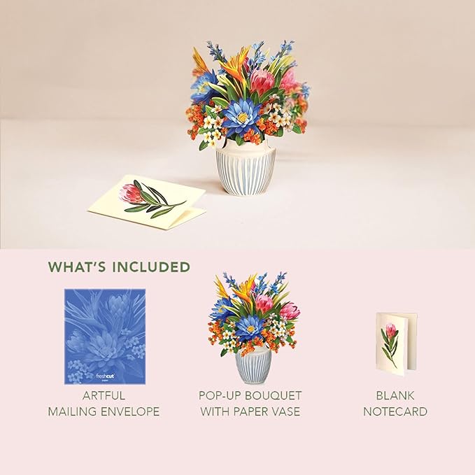 Freshcut Paper Mini Tropical Paradise Pop Up Cards, 6 Inch Mini Sized Forever Flower Bouquet 3D Popup Greeting Card, Birthday Cards, Valentine's Day Card, Blank Notecard & Envelope
