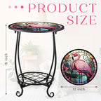 Outdoor Side Table Round Small Mosaic Patio Accent Indoor End Plant Coffee Tea Table for Yard Patio Porch Garden Living Room, Bedroom(Flamingo Style,12 Inch)