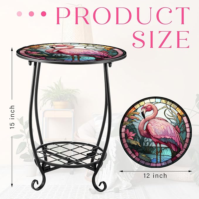 Outdoor Side Table Round Small Mosaic Patio Accent Indoor End Plant Coffee Tea Table for Yard Patio Porch Garden Living Room, Bedroom(Flamingo Style,12 Inch)