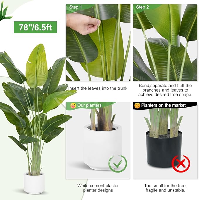 Artificial Bird of Paradise Plant 6.5Ft Tall Fake Tropical Palm Tree Large Fake Plants with 15 Silk Banana Leaves Faux Plant Indoor Decor Trees White Pot for Home Bedroom Living Room Office 2pcs