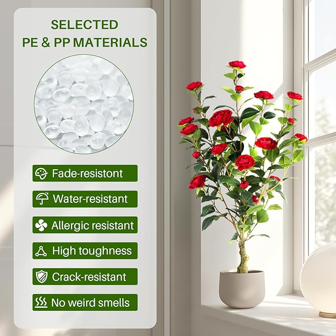 Artificial Camellia Tree 2 Pack, 3FT Faux Camellia Plant in Pot, 36 inch Fake Potted Camellia Flower Tree Plastic Camellia Tree for Modern Home Office Christmas Living Room Floor Decor Indoor, Red