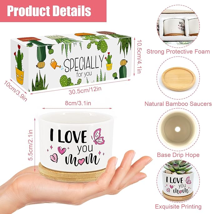 Tarklanda 3Pcs Gifts for Mom Best Mom Ever Succulent Pots Mini Ceramic Plant Pots with Bamboo Tray Pot Planters Birthday Thanksgiving for Mother-in-Law Wife Plants Not Included