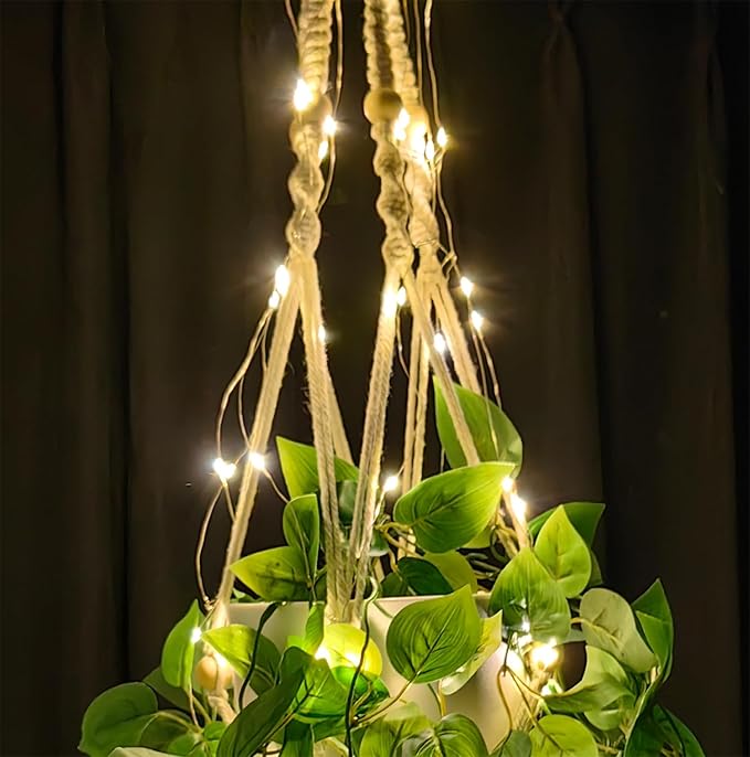 2 Pack Macrame Plant Hanger with Lights Indoor Hanging Planter Basket with Wood Beads Flower Pot Holder Handwoven Cotton Rope Tassels for Boho Home Window Decor 43.5 Inch, Ivory (POTS NOT Included)