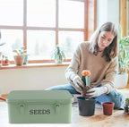 Seed Storage Organizer, 4 Compartment Seed Storage Box with Safety Lock, Metal Seed Box Seed Packet Container with 1 Pen, 12 Slots, 20 Plant Labels & 30 Seed Envelopes, Green Gardening Gift