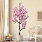 Artificial Pink Cherry Blossom Tree 7ft(84in) Tall Fake Silk Leaves Indoor Decor Handmade Lifelike Sakura Tree for Wedding Realistic Cherry Plant in Pot for Home Living Room,Office,Outdoor Decor