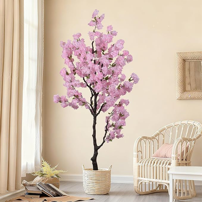 Artificial Pink Cherry Blossom Tree 7ft(84in) Tall Fake Silk Leaves Indoor Decor Handmade Lifelike Sakura Tree for Wedding Realistic Cherry Plant in Pot for Home Living Room,Office,Outdoor Decor