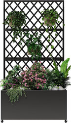 IDEAHOUSE Steel Raised Garden Bed w/Trellis & Privacy Screen - 71x35x16 in Planter Box w/Lockable Casters, Drainage Holes for Vines, Vegetables on Patio, Deck, Yard, Black