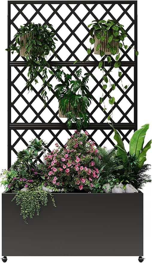 IDEAHOUSE Steel Raised Garden Bed w/Trellis & Privacy Screen - 71x46x16 in Planter Box w/Lockable Casters, Drainage Holes for Vines, Vegetables on Patio, Deck, Yard, Black