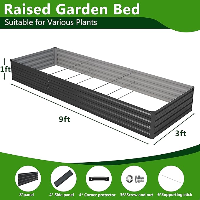 2PCS 9x3x1ft Galvanized Raised Garden Bed,Outdoor Planter Box Metal Patio Kit Planting Bed for Vegetables Flowers Herb,Black