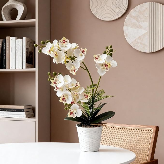 Daily Treasures 21-Heads Artificial Orchid Flower in Pot,2 Pack Potted Orchid Plant,Fake Phalaenopsis Flowers with Plastic Vase,Silk Flowers Indoor Decor for Home Table Centerpiece(White & Purple)