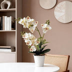 Daily Treasures 21-Heads Artificial Orchid Flower in Pot,2 Pack Potted Orchid Plant,Fake Phalaenopsis Flowers with Plastic Vase,Silk Flowers Indoor Decor for Home Table Centerpiece(White & Purple)