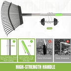 Joyhalo Rake for Leaves Adjustable 65 Inch Long, 18 Inch Wide Garden Rake with 25 Tines, Metal Leaf Rakes, Rakes for Lawns, Gathering Leaves, Weeds, Debris