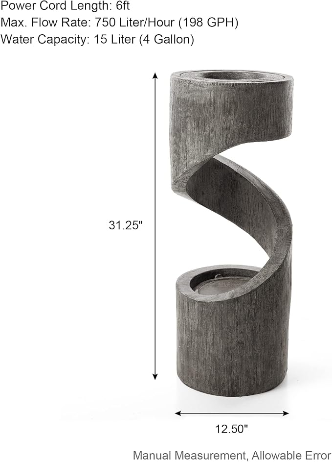 Glitzhome Outdoor Water Fountain with LED Light, Spiral Outdoor Fountain Waterfall with Stone Planter, Modern Curved Freestanding Fountain Water Feature for Garden Patio Backyard, 31.3" H