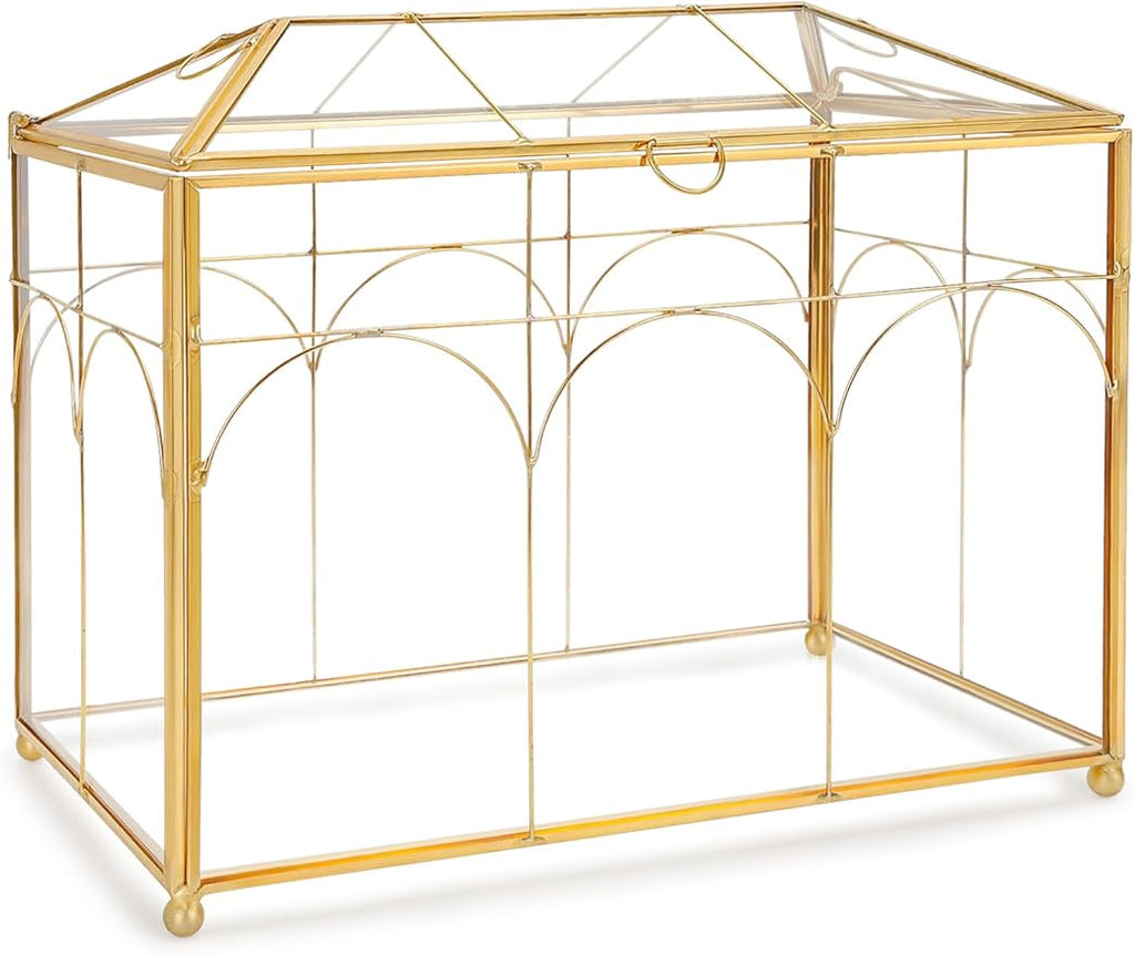 REDHUGO Handmade Glass Planter Terrarium with Lid, Indoor Tabletop Centerpiece Display Box Modern Decor DIY Gift Plant Terrarium Container for Succulent Cacti Air Plants Flower (Gold)