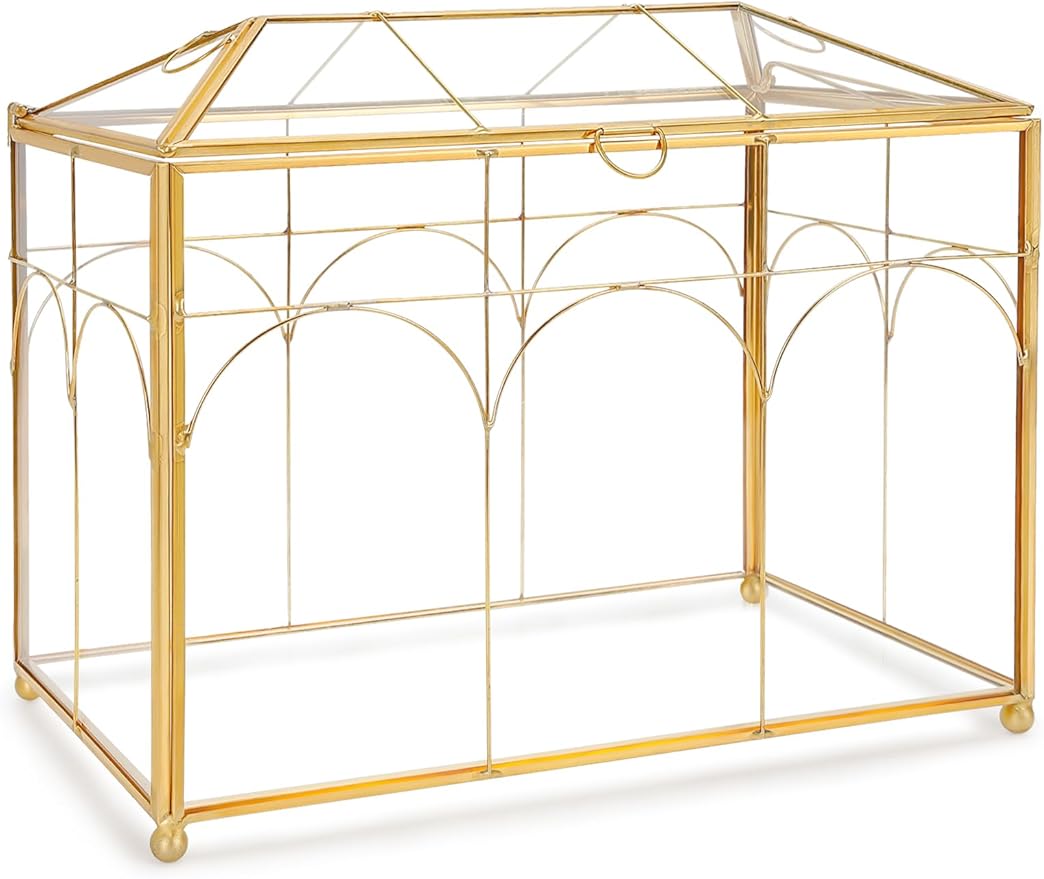 REDHUGO Handmade Glass Planter Terrarium with Lid, Indoor Tabletop Centerpiece Display Box Modern Decor DIY Gift Plant Terrarium Container for Succulent Cacti Air Plants Flower (Gold)