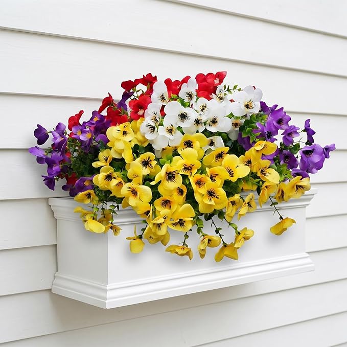 Artificial Flowers for Outdoor, UV Resistant Fake Silk Pansies Flowers, Realistic Faux Plants for Outside Indoor Porch Patio Window Box Planter Home Decor (16, Yellow Purple White Red)