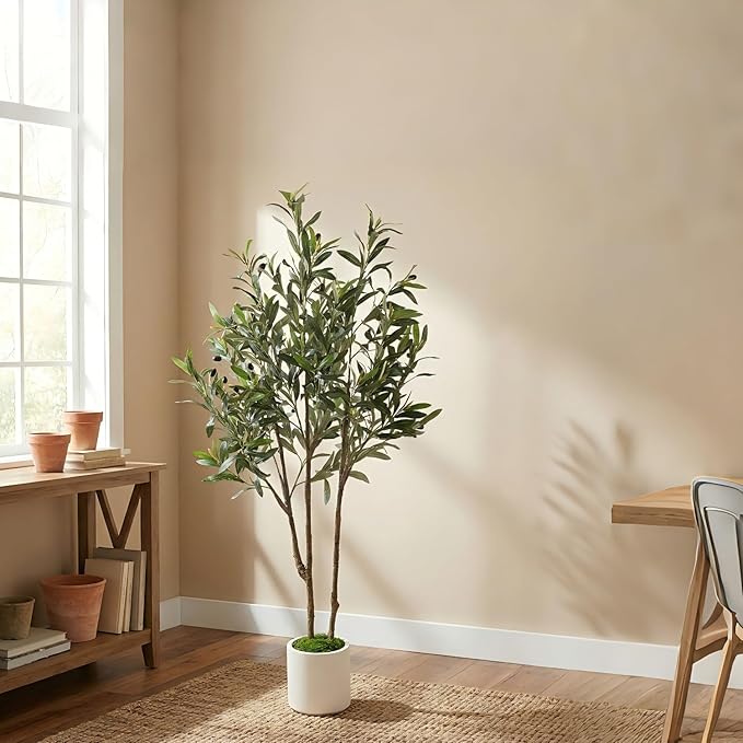 Alupssuc 4ft Olive Trees Artificial Indoor & Outdoor, Faux Olive Tree with Lively Artificial Trunk and Lifelike Fruits, Fake Potted Tree for Modern Home Office Living Room Decor