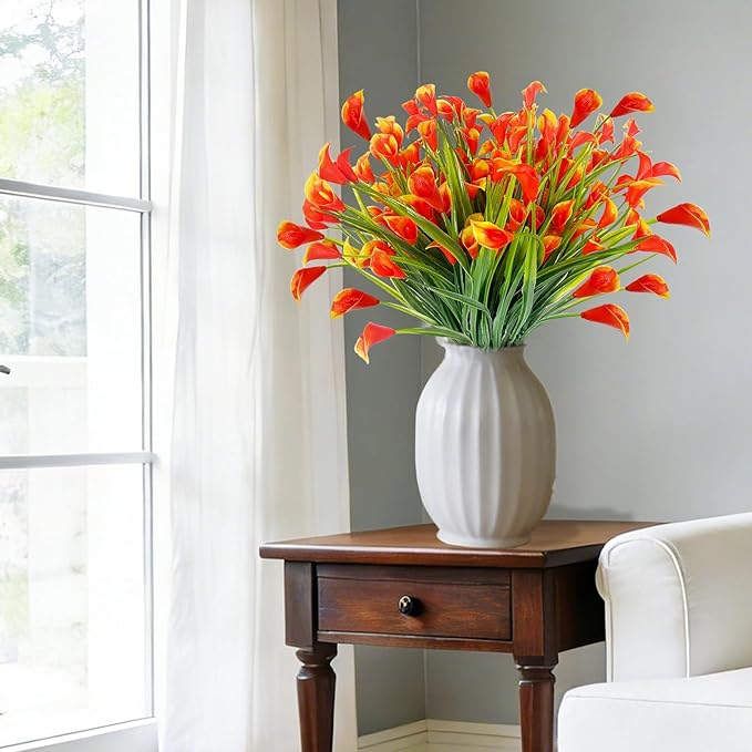 TURNMEON 20 Bundles Calla Lily (400 Heads) Artificial Flowers for Outdoors UV Resistant, Fake Faux Plastic Fake Flowers Plants for Indoor Yards Planter Home Porch Spring Fall Summer Decor(Orange Red)