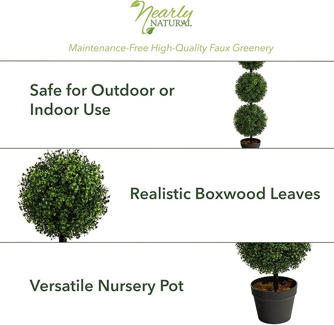 Nearly Natural 36in Artificial Triple Ball Boxwood Topiary Tree - Indoor Outdoor Realistic Faux Greenery for Home Patio Office Decor, Low Maintenance