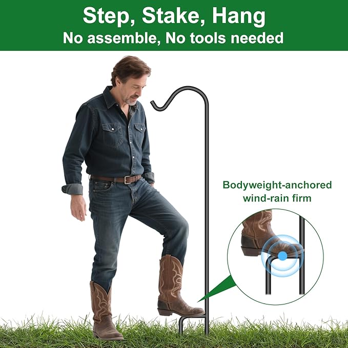 BEAU JARDIN 4 Pack Solid Shepherds Hook 65in Tall One Piece Structure No Assembly Required 1/2in Thick Heavy Duty Shepards Hook for Bird Feeders Pole Garden Outdoor Plants Lanterns Wedding Metal