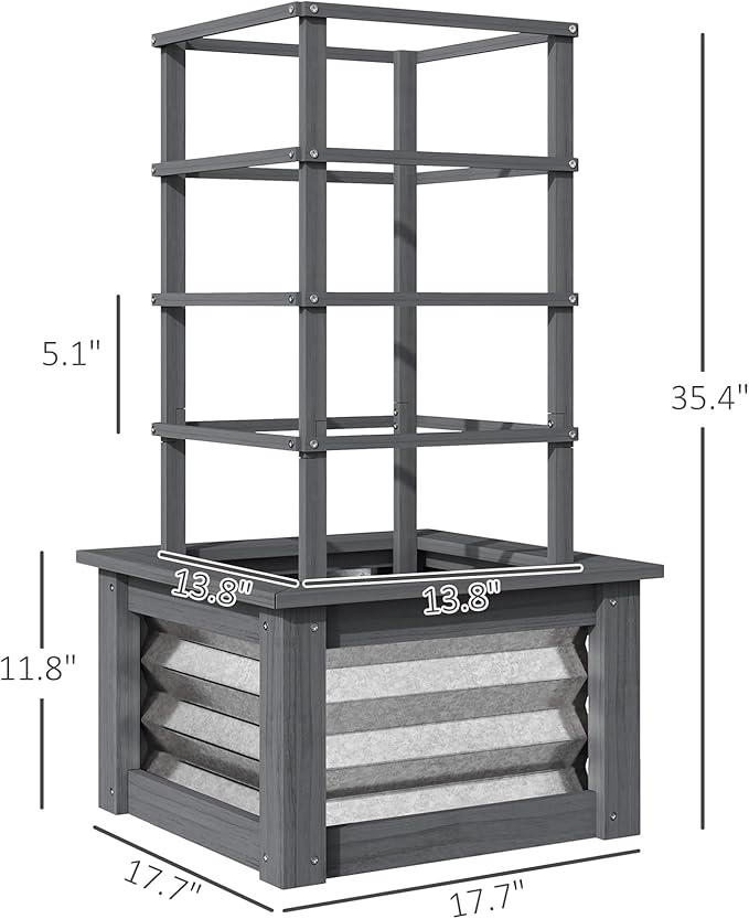 Outsunny Raised Garden Bed with Trellis, Wooden Planter Box with Galvanized Steel Sides, Raised Flower Bed for Climbing Plants, Flowers, Fruits and Vegetables, Gray