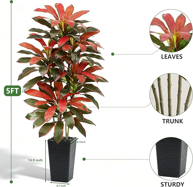 Artificial Red Dracaena Tree - 5FT Tall Fake Plants with Black Square Planter - Artificial Plants Indoor Floor Plant in Pot - Large Tropical Fake Yucca Potted Tree for Home Office Living Room Decor