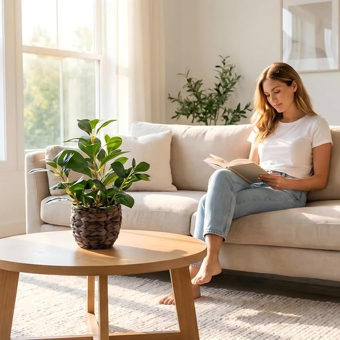 Artificial Vibrant Plants 14.2 inches Tall Fake Outdoor Greenery Plants with Ficus Leaves in Brown Rattan Planter for Indoor Home Office Garden Modern Decoration Ideal Housewarming Gift