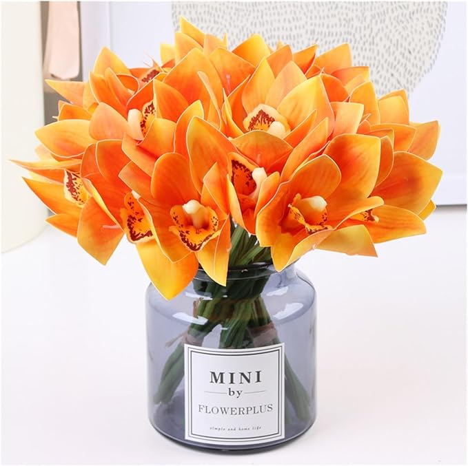 2 Bunches of Simulated Hand-Feel Cymbidium Orchid Small Bunches of 6 Tied Hand-Tied Flowers for Home Living Room Dining Table Decoration Artificial Flowers (Orange)