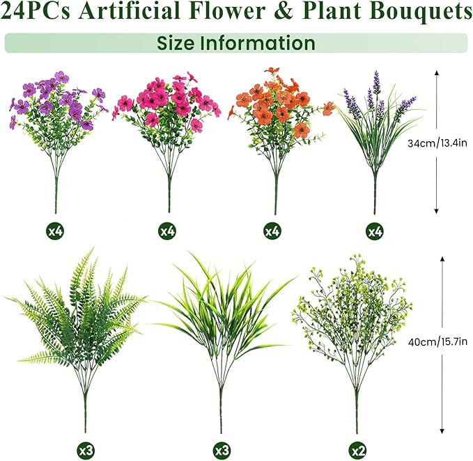 Alupssuc 24 Bundles Artificial Flowers for Outdoors Spring Summer Decoration, UV Resistant Eucalyptus Violet and Lavender Silk Fake Plants for Outside Indoor Yard Home Patio Decor, Orange Rose Purple