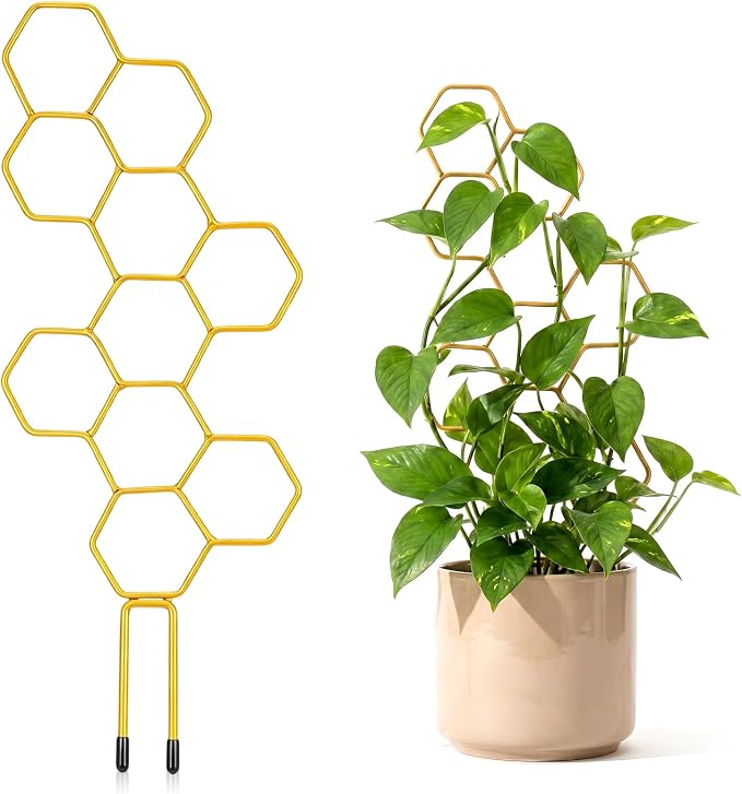 1PCS 13.78 Inch Small Indoor Plant Trellis for Pots, Honeycomb Trellis,Gold Metal Plant Climbing Support Stake for Pothos, Vines, Climbing Houseplants