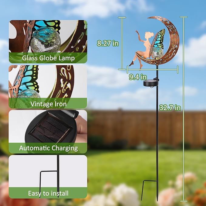 Solar Garden Statues Outdoor Decor with Butterfly Fairy & Moon, Cracked Glass Solar Light Stake, Gradient Wings, Gift for Mother's Day, Housewarming, Pathway & Patio Decor for Yard, Lawn & Garden