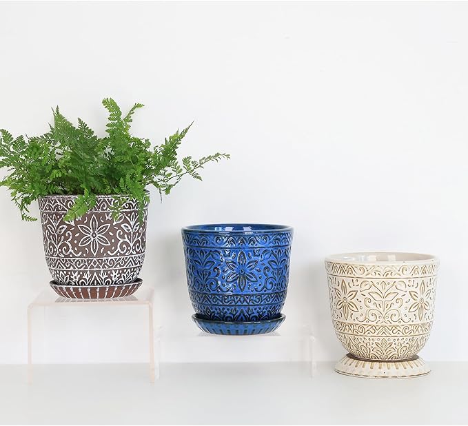 Gepege 6 Inch Ceramic Planter, Blue Plant Pot with Drainage Holes and Saucers for Indoor Plants, Birthday for Women Mom
