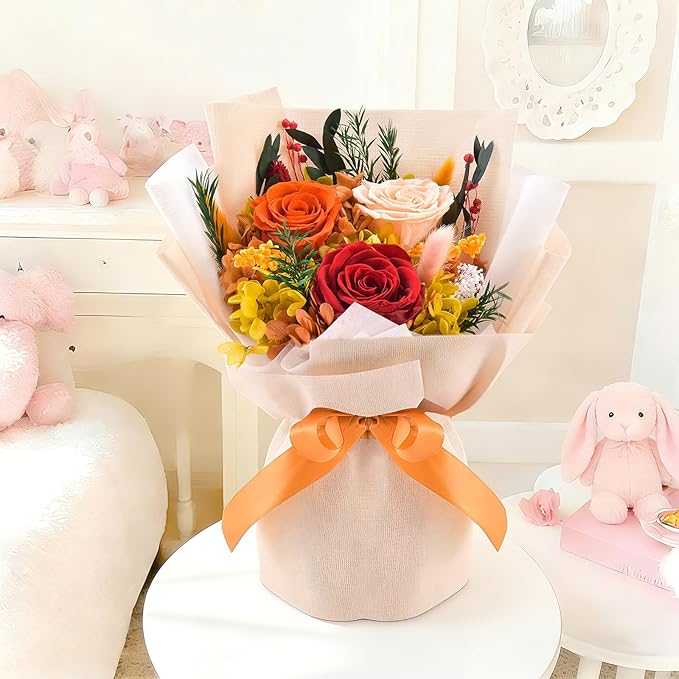 Gnifot Preserved Flowers Bouquet, Flowers for Delivery,Handmade Orange Rose Bouquets Lasting 3-5 Years, Luxury Gift Box,Birthday Flowers Gifts for Women Mom Grandma Wife Friends