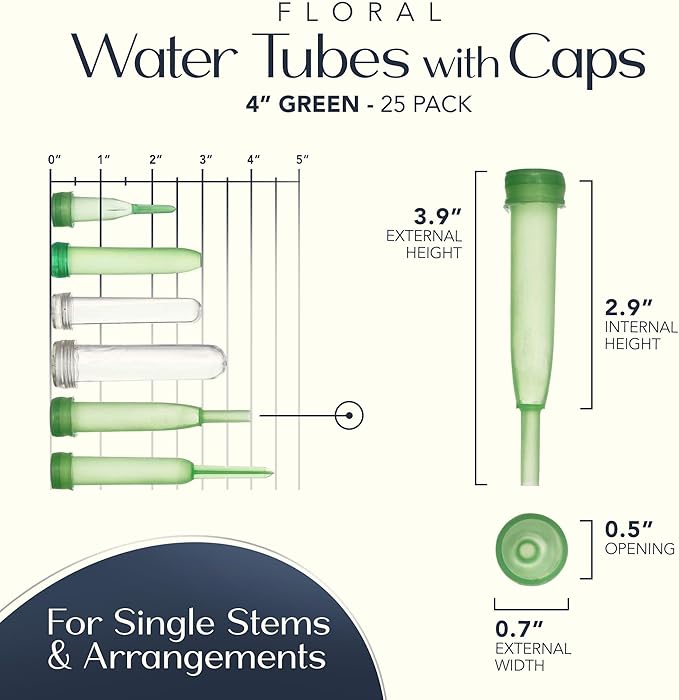 Royal Imports Floral Water Tubes with Caps – 4" Green Plastic Flower Vials for Single Stem Roses, Buds, Bouquets – Extendable Style, 1/2" Opening – 25 Pack