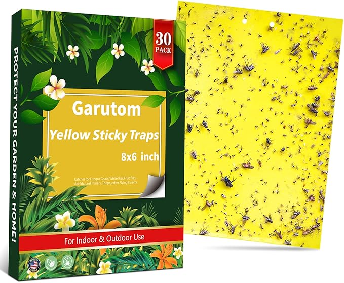 Garutom 30-Pack Dual-Sided Yellow Sticky Traps for Flying Plant Insect Such as Fungus Gnats, Whiteflies, Aphids, Leafminers, etc (6x8 Inches, Included 30pcs Twist Ties)