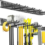 Garage Tool Organizer Wall Mount, 48 Inch Heavy Duty Garden Tool Organizer Storage System, Easy Install with 6 Adjustable Straight Hooks, for Garage, Basement, Shed, Workshop, Black, Steel