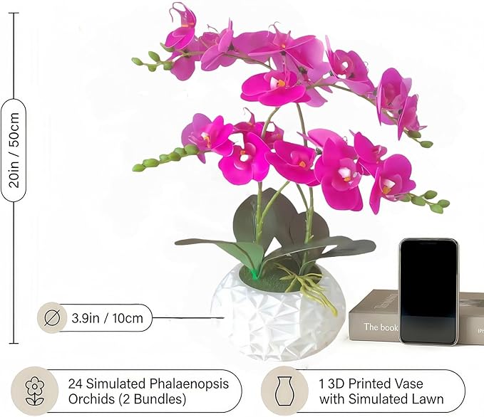 Artificial Orchid with 3D Printed Vase, 24 Stems Realistic Fake Phalaenopsis, Adjustable Silk Flowers for Home Decor, Wedding Table Centerpieces, 20 Inches Tall, Dark Purple